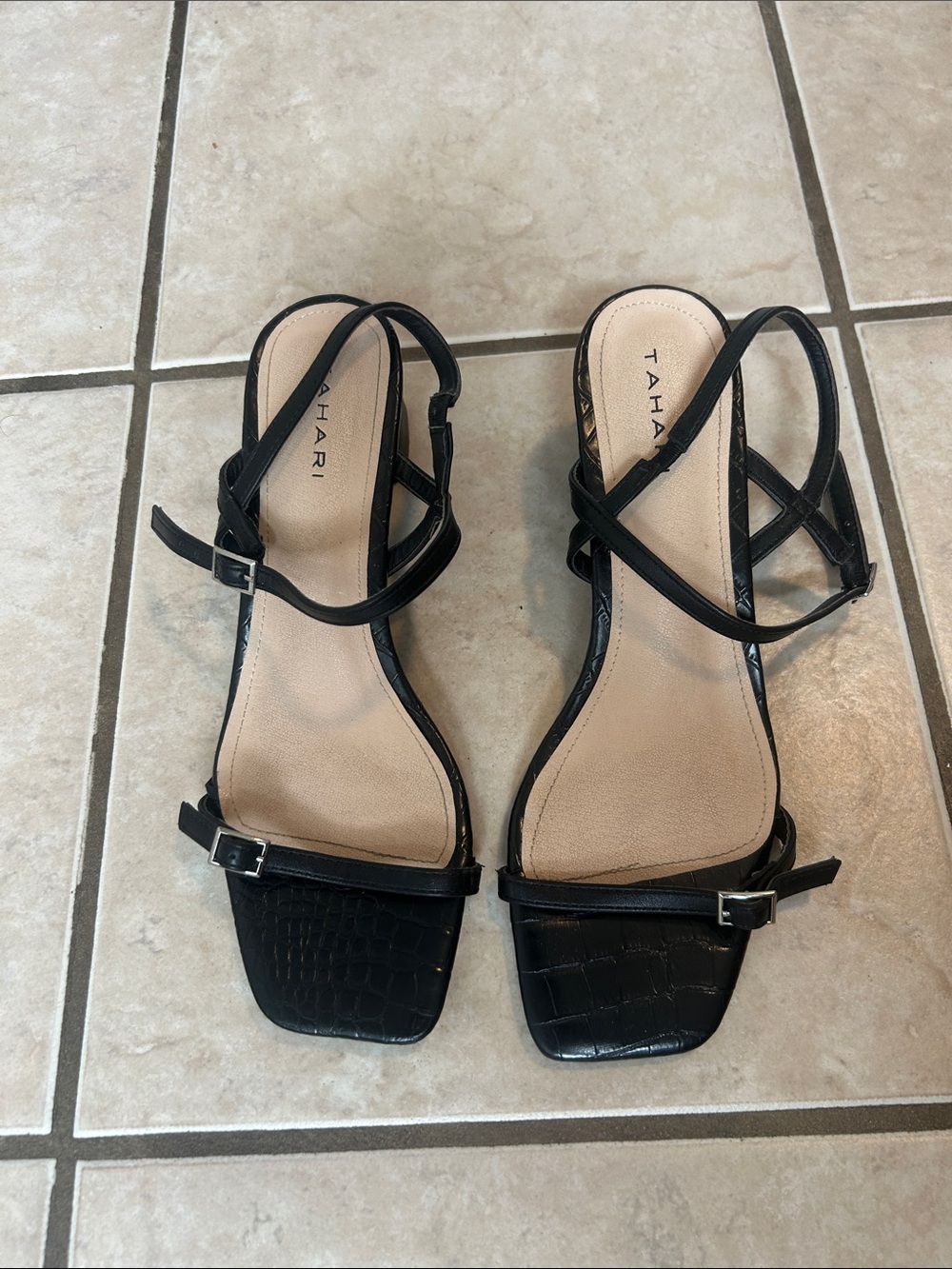 Tahari Black Croc-Embossed Strappy Heeled Sandals
